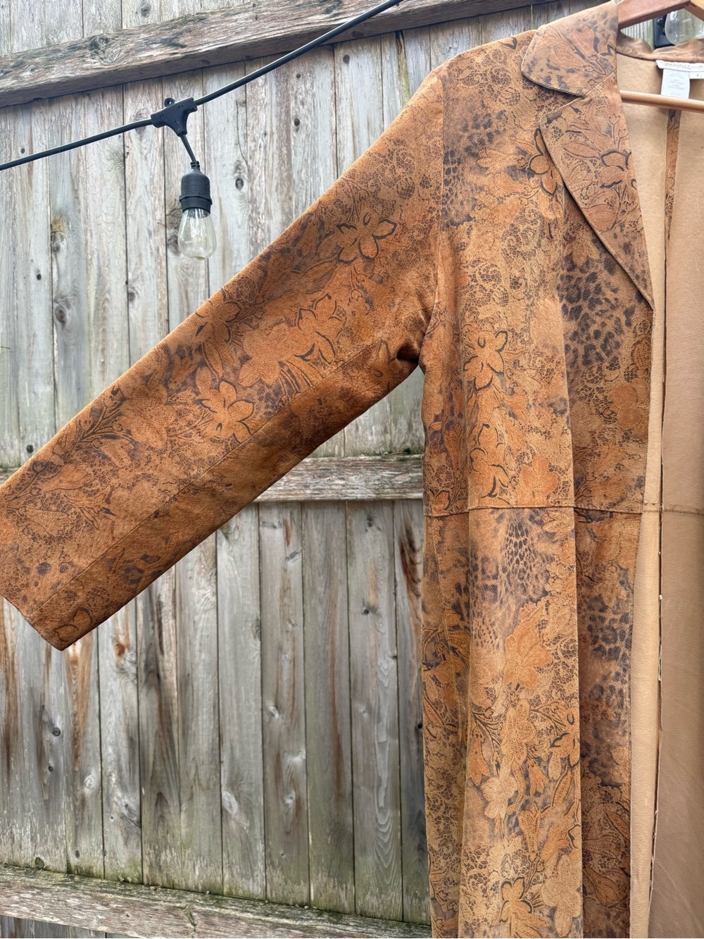 Coldwater Creek Floral Printed Tan Suede Duster Coat Leopard Bohemian Jacket - Picture 9 of 14